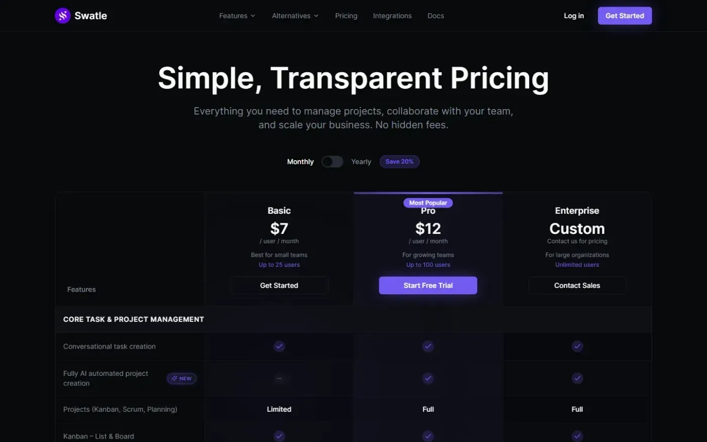 Swatle — Pricing page