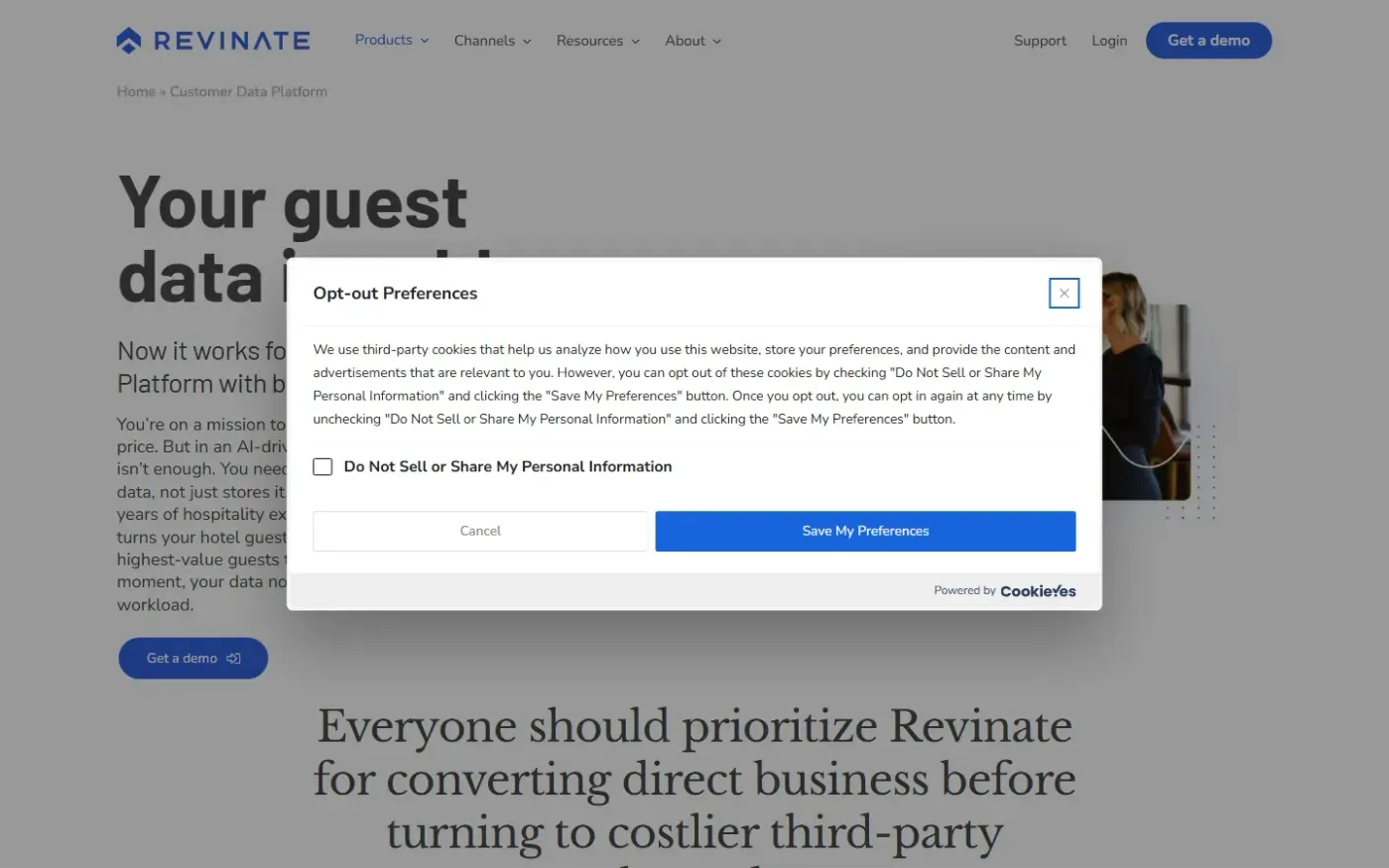 Revinate — Hotel customer data platform page