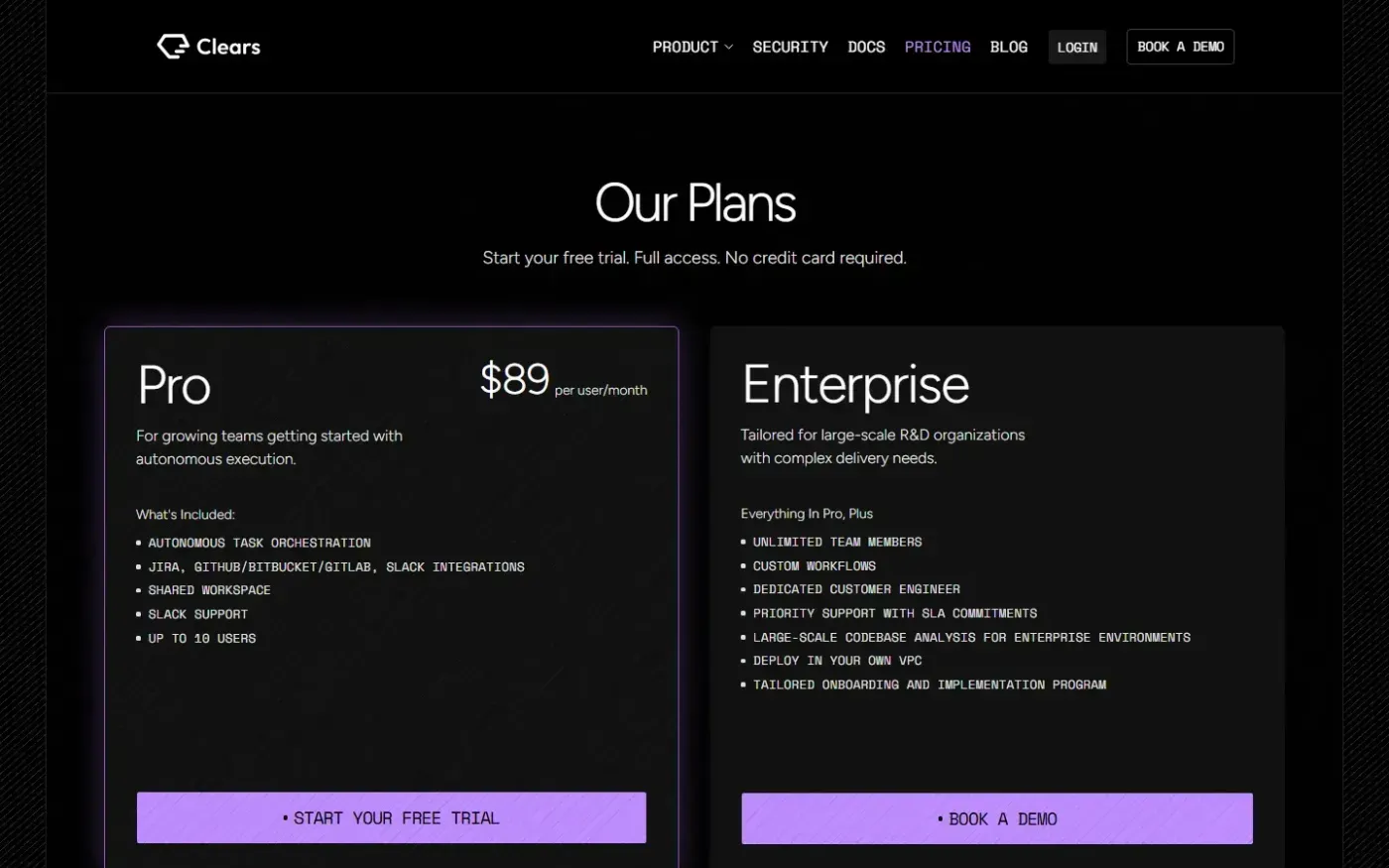 Clears — Move beyond AI coding to agentic software delivery — Pricing page