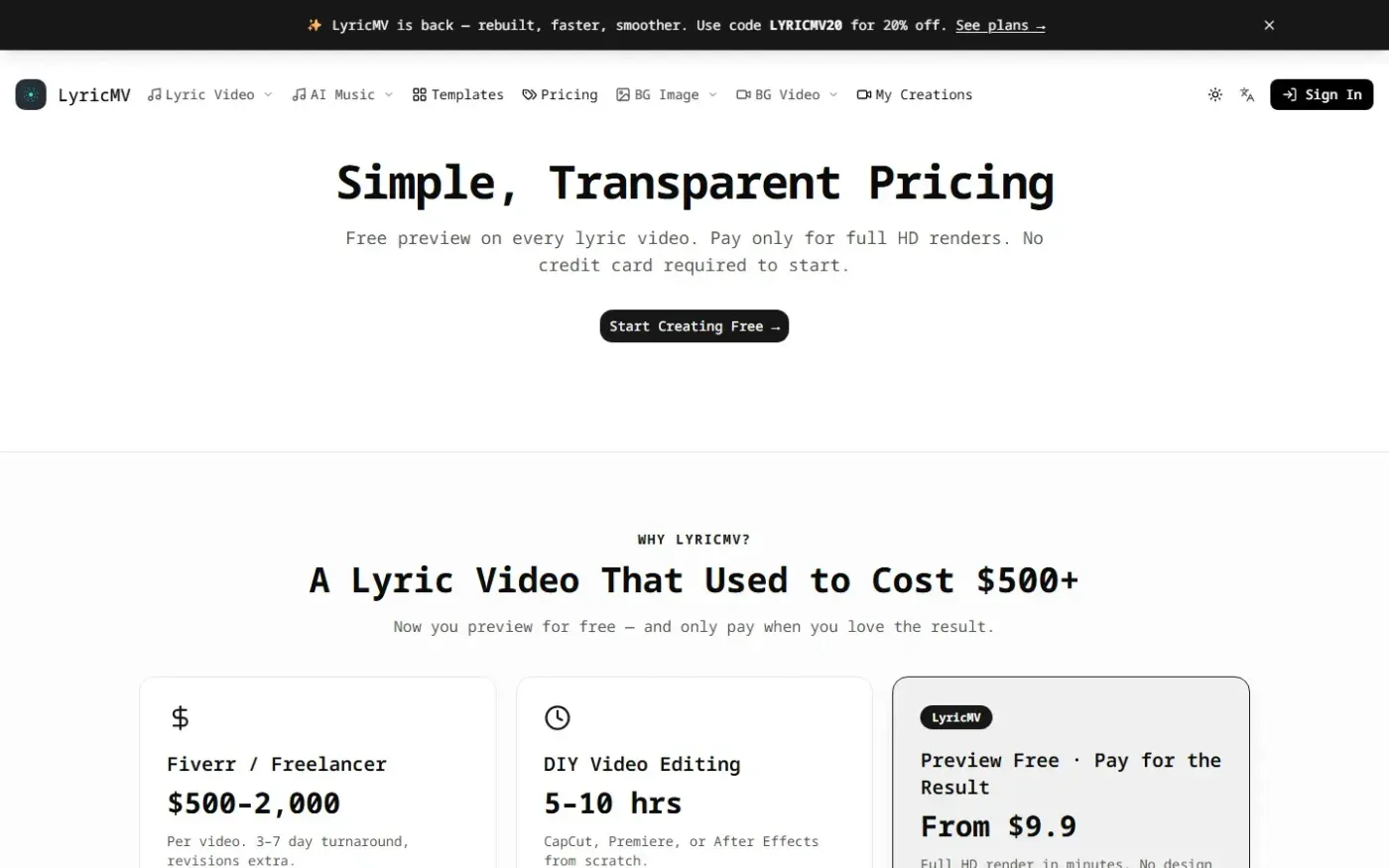 Lyricmv — Pricing page