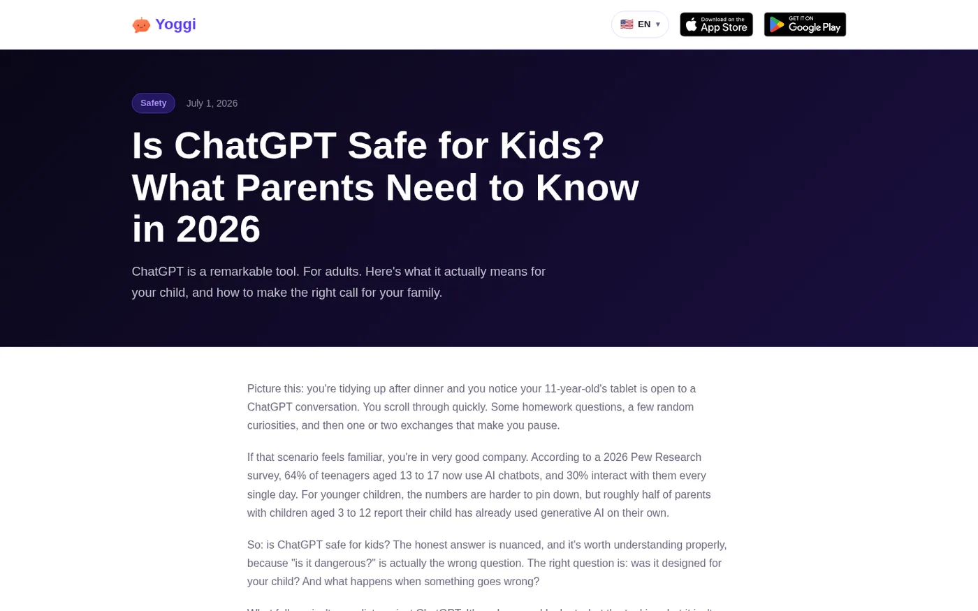 Yoggi — Safe AI chat for kids — Blog page