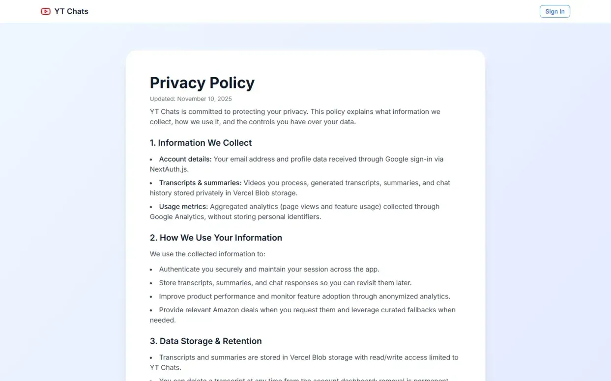 Ytchats — Privacy page