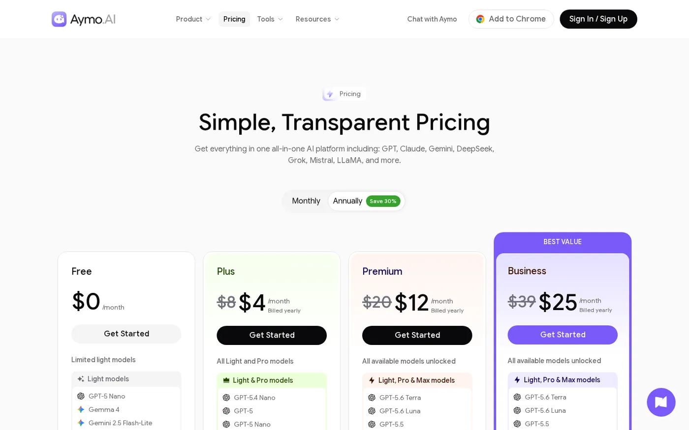 Aymo AI — All-in-one AI Platform for Teams — Pricing page