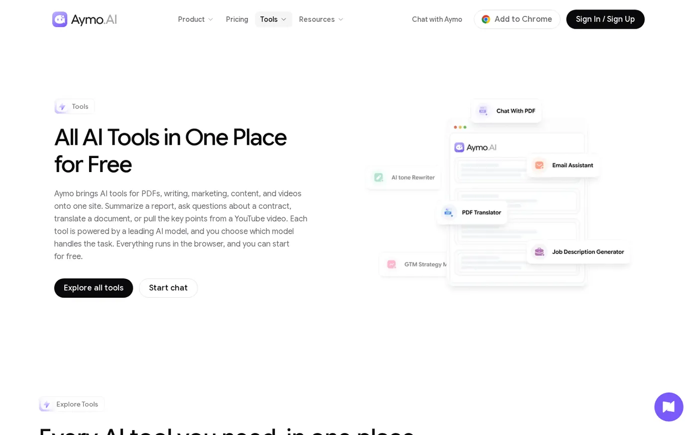 Aymo AI — All-in-one AI Platform for Teams — Tools page