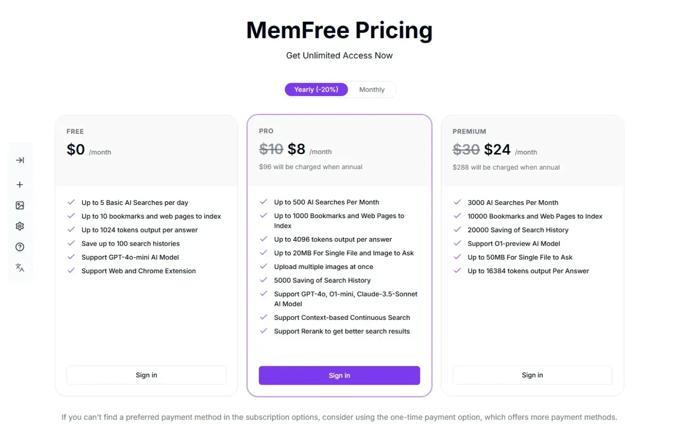Memfree — Pricing page
