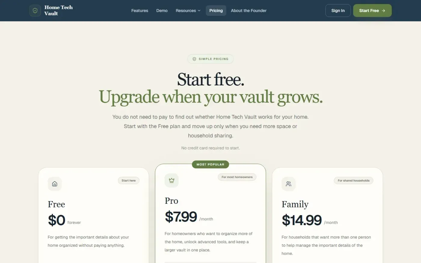 Home Tech Vault — Your home's technology finally has an operating system. — Pricing page