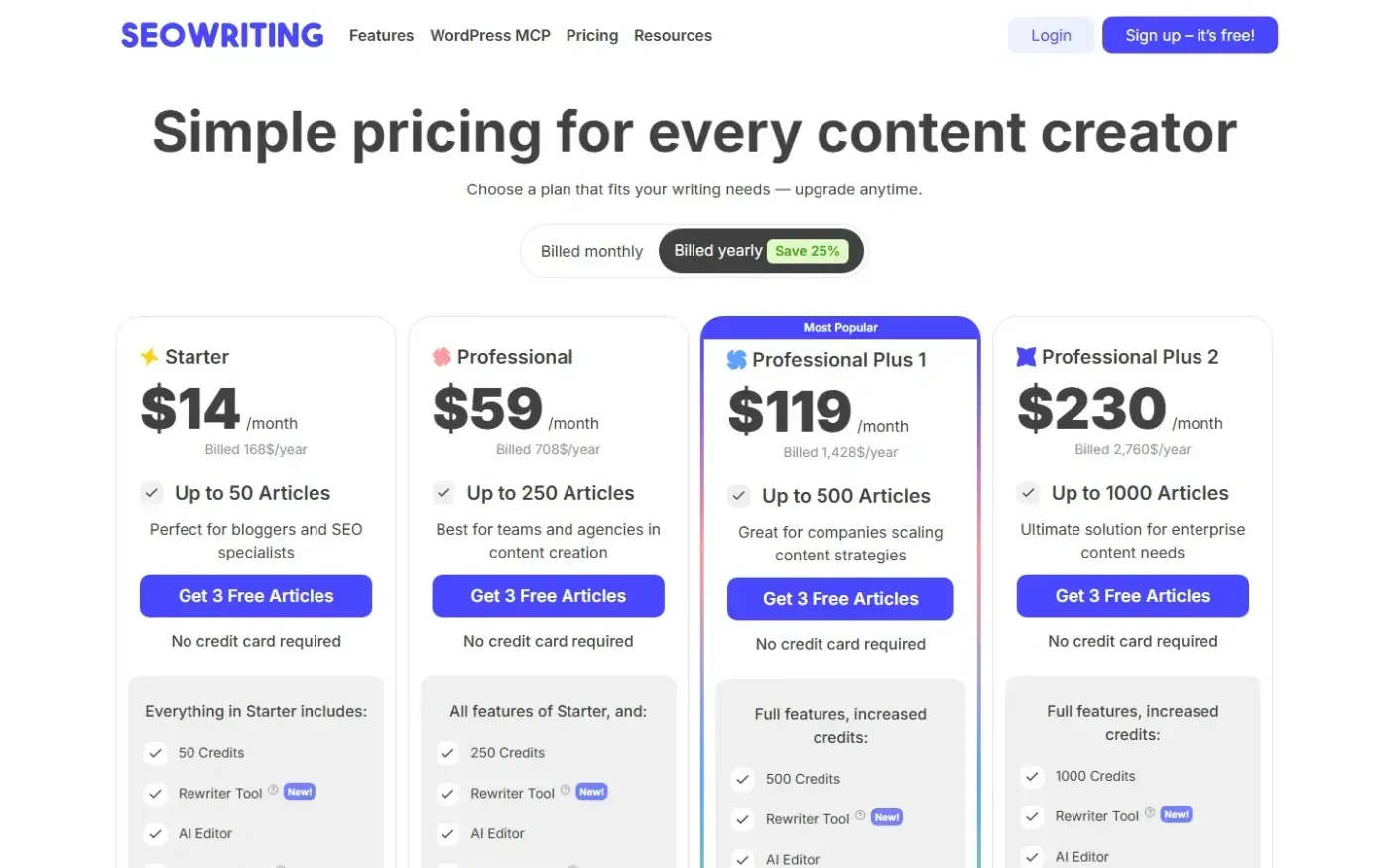 Seowriting — Pricing page