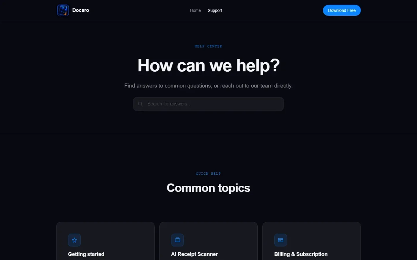 Docaro — AI car maintenance tracker — snap a receipt, done — Support.html page