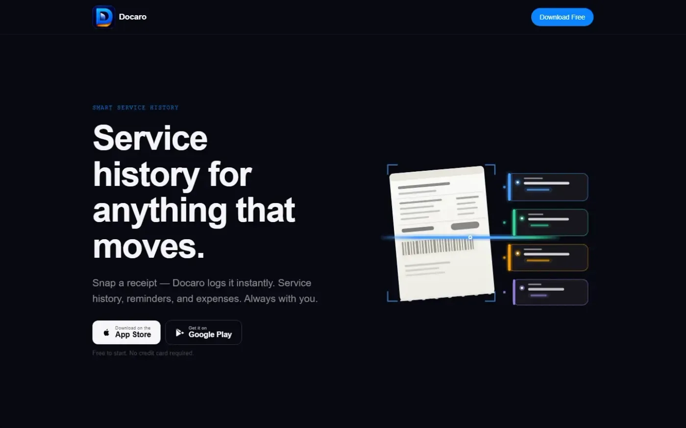 Docaro — AI car maintenance tracker — snap a receipt, done — Index.html page