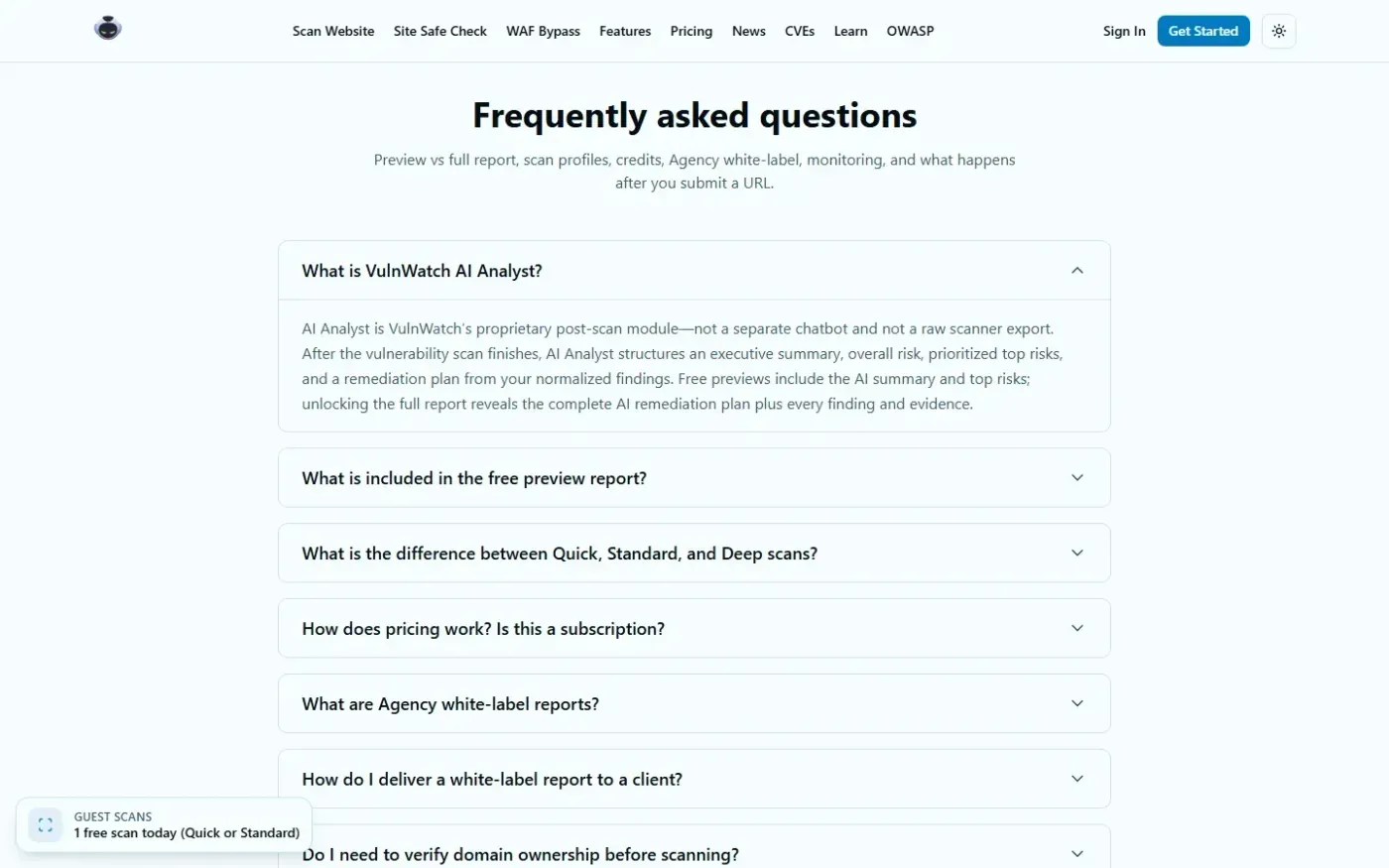 VulnWatch Agency — Branded website security reports for digital agencies — Faq page