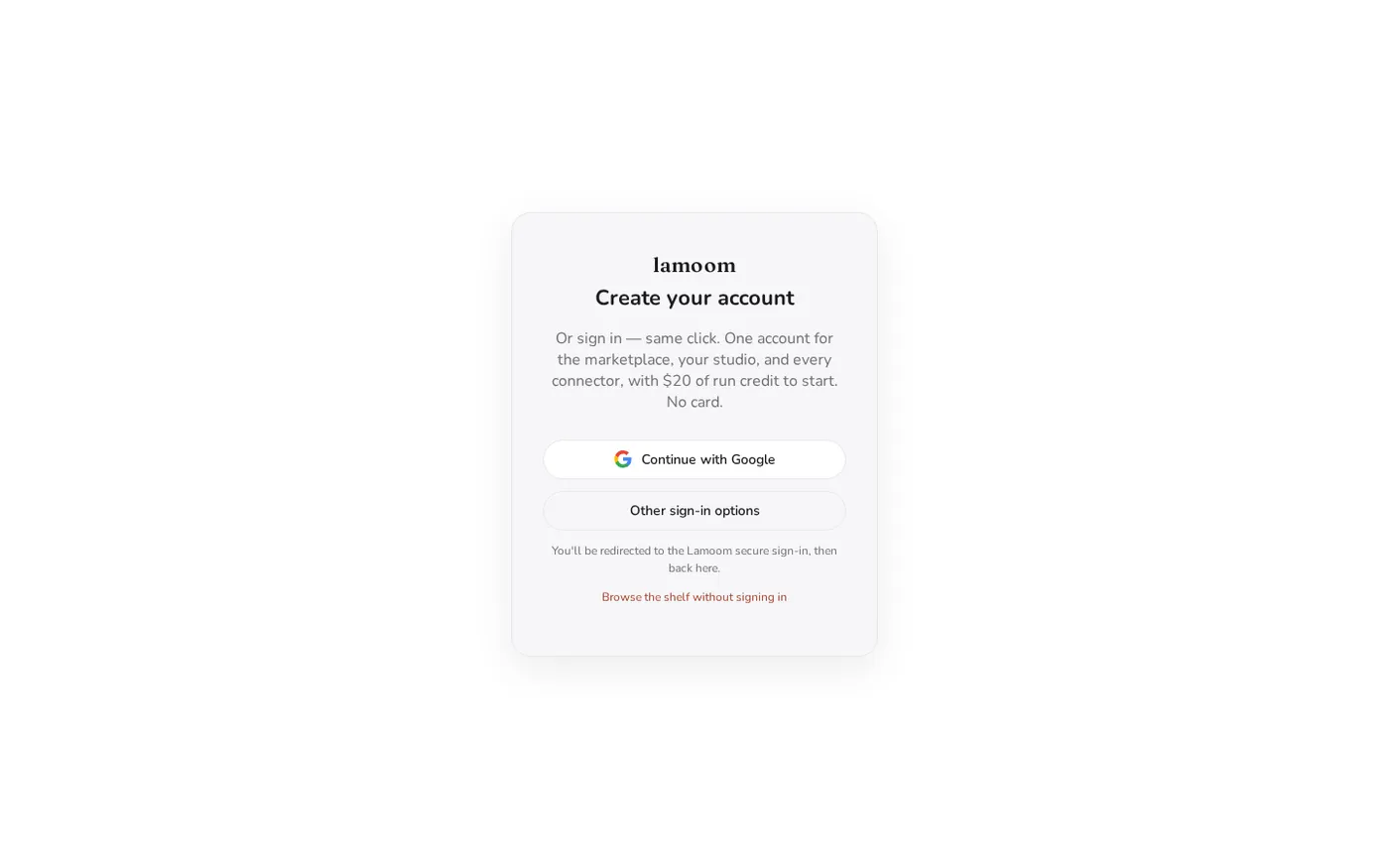 Lamoom — Run agent apps inside your Claude or sell your own — Login page