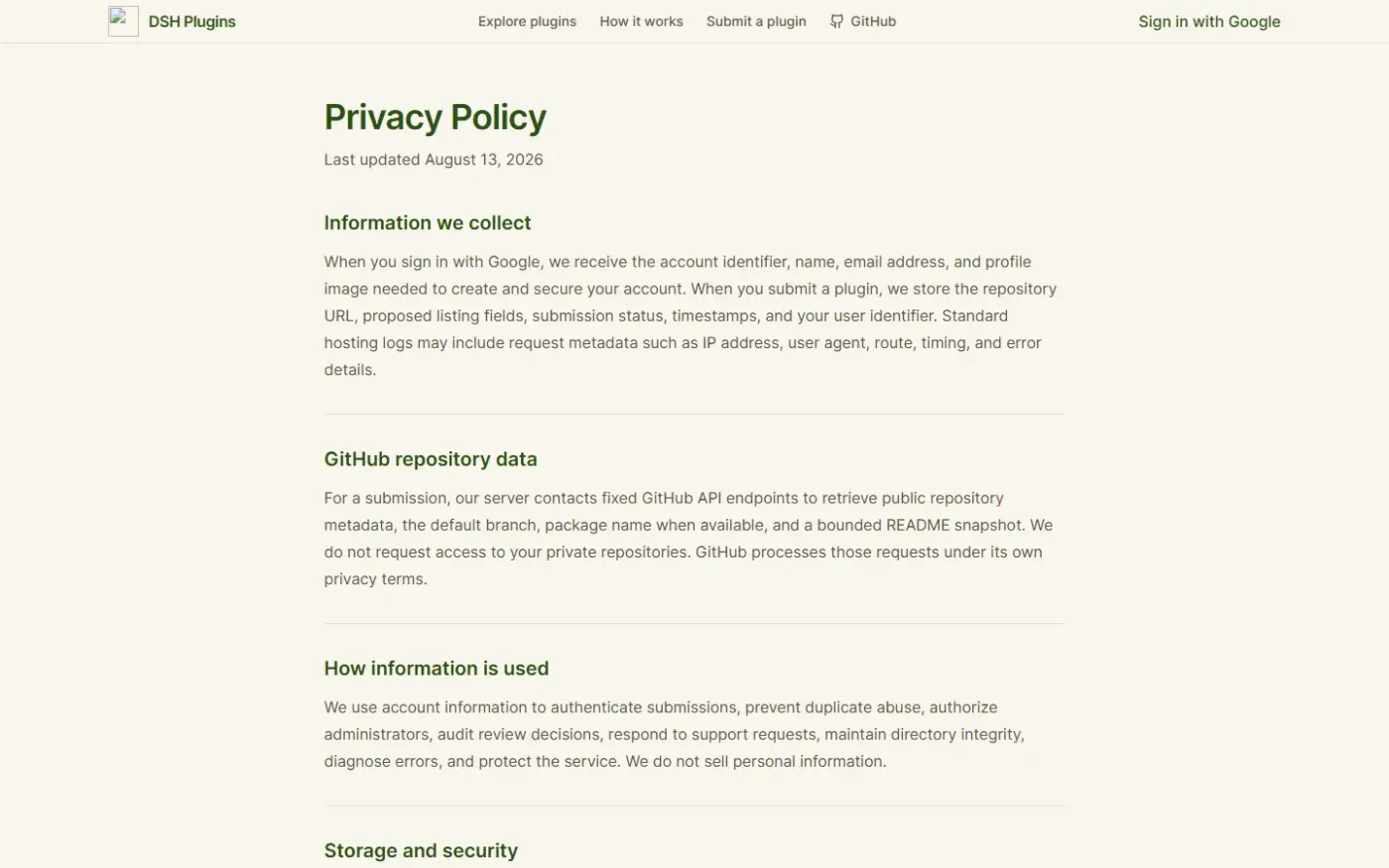 Dshplugins — Privacy page