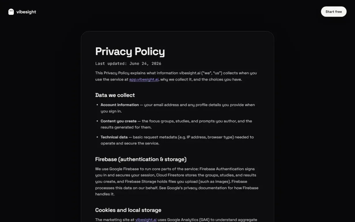 vibesight.ai —  Pressure-test an idea with a synthetic focus group — Privacy.html page