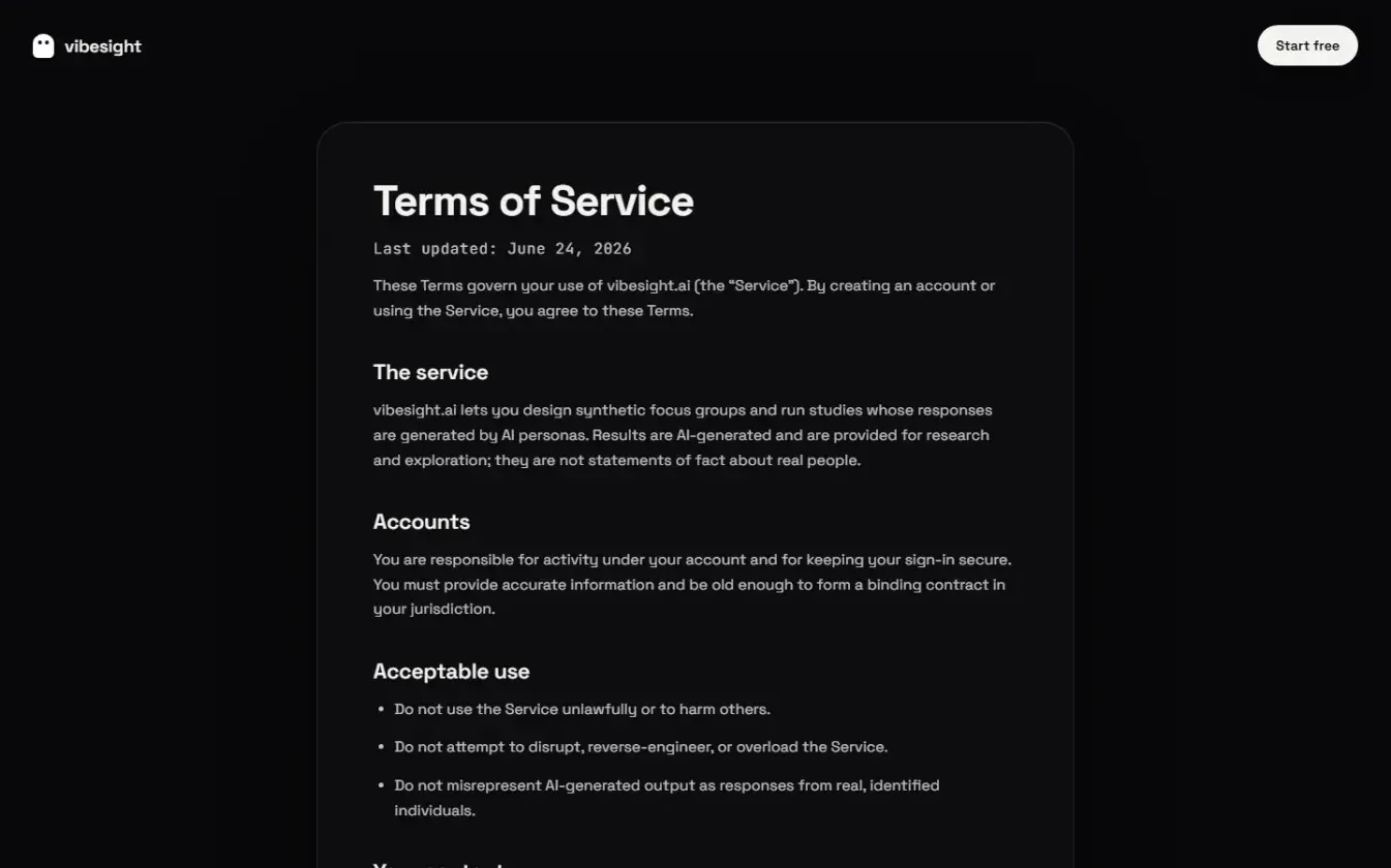 vibesight.ai —  Pressure-test an idea with a synthetic focus group — Terms.html page