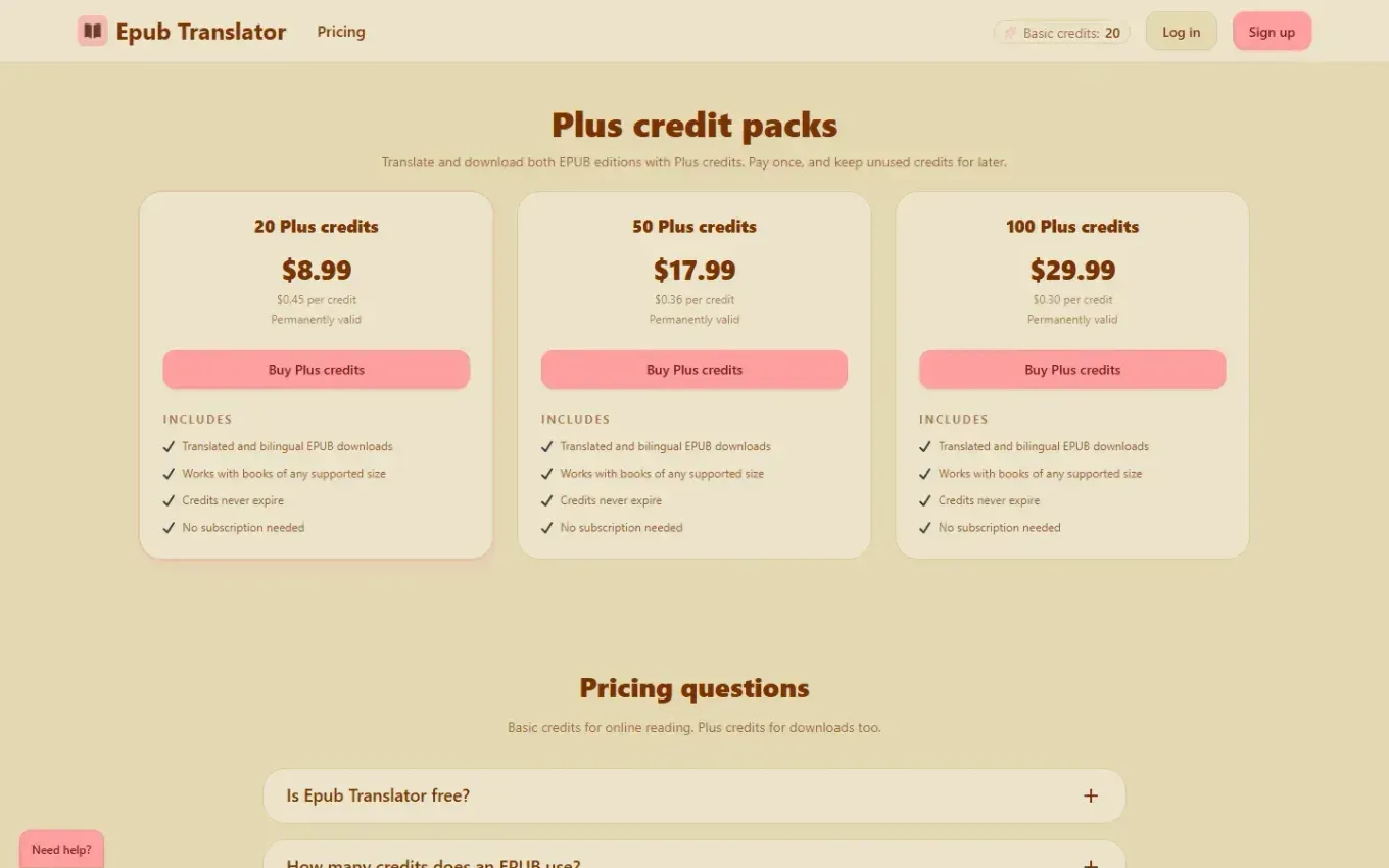 Epubtranslator — Pricing page
