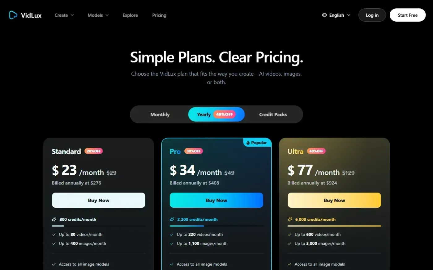 Vidlux — Pricing page