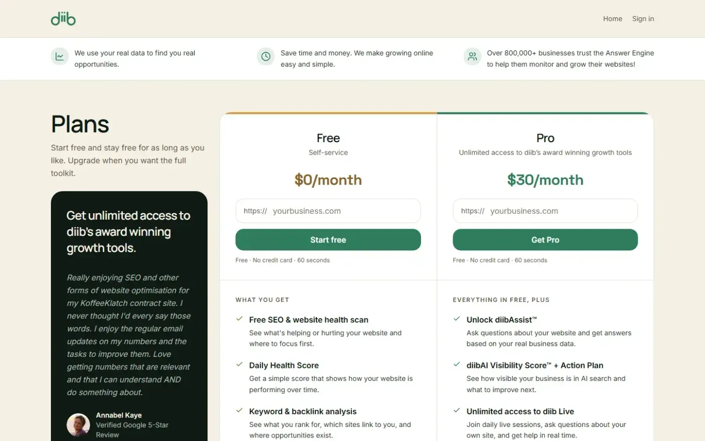 Diib — Pricing page