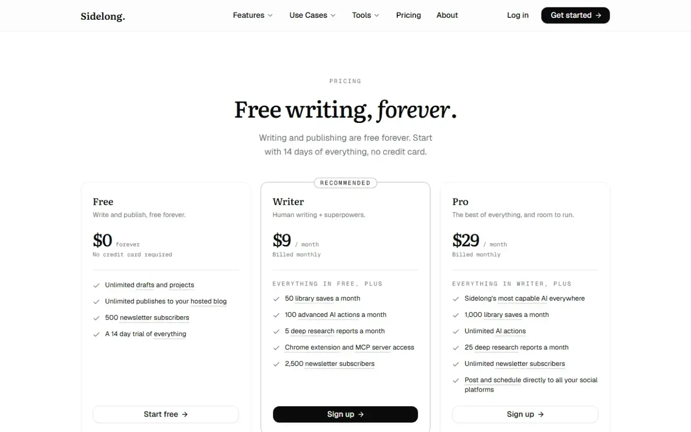 Sidelong — Pricing page