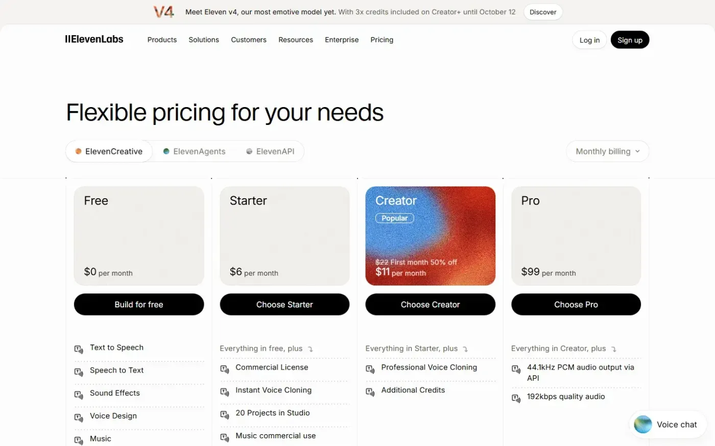 Elevenlabs — Pricing page