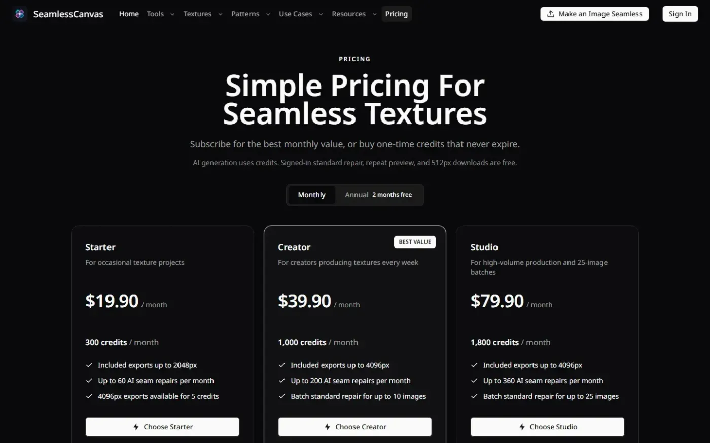 Seamlesscanvas — Pricing page