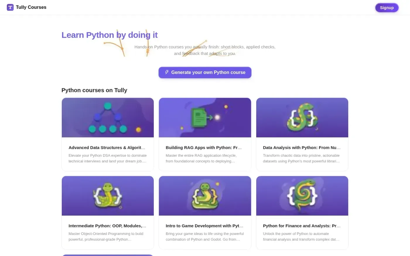 Tullycourses — Learn page