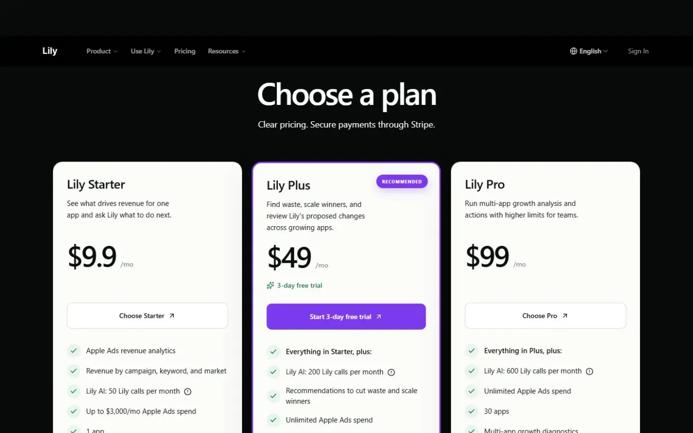 Chatlily — Pricing page