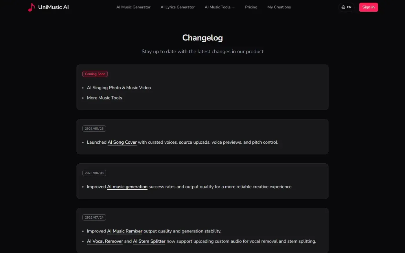 Unimusic — Changelog page